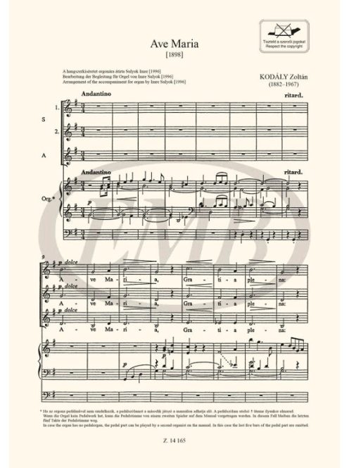 Kodály Zolltán: Ave Maria-női karra és orgonára