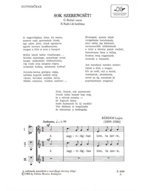 Bárdos Lajos:  Sok szerencsét! - egyneműkar