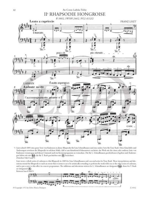 Liszt Ferenc:   II. Magyar rapszódia - zongorára