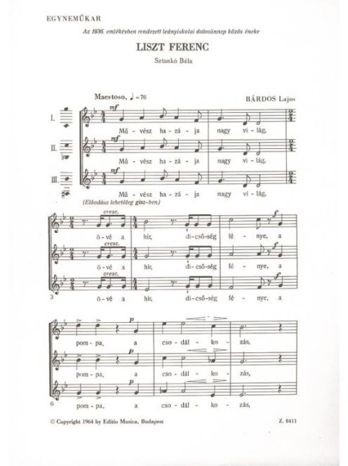 Bárdos Lajos:  Liszt Ferenc - egyneműkar