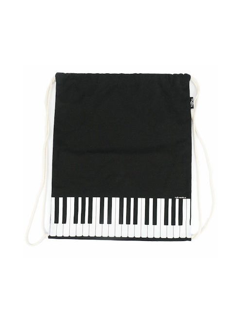 Fekete, zsinóros, zongorabillentyű mintás vászon tornazsák