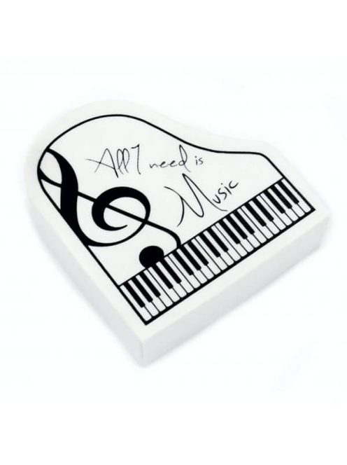 Fehér, zongora alakú radír ''All I need is music'' felirattal